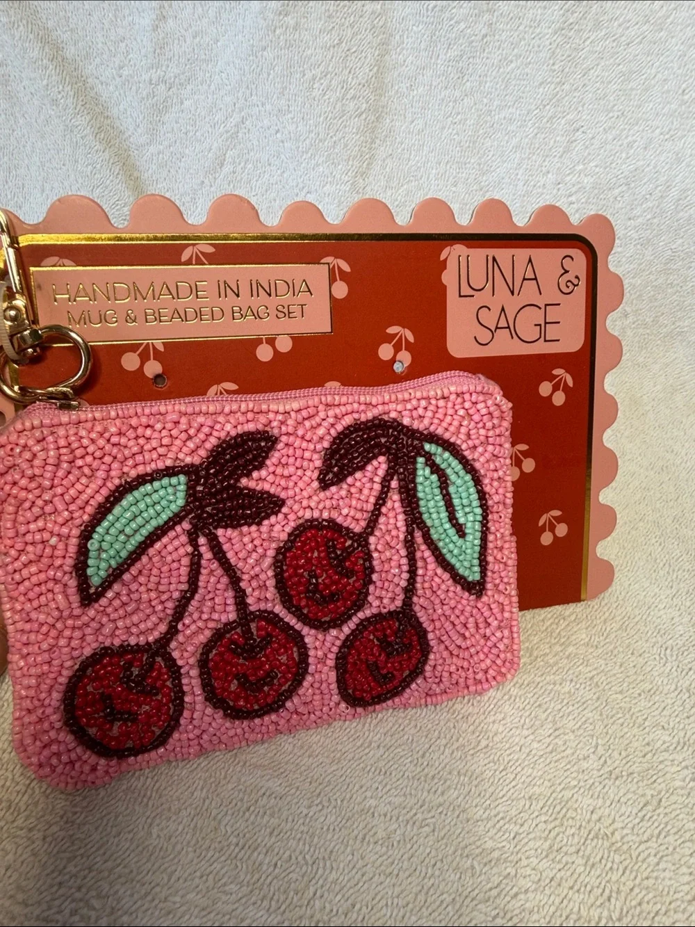 Luna & Sage Pink Beaded Cherry Coin Purse